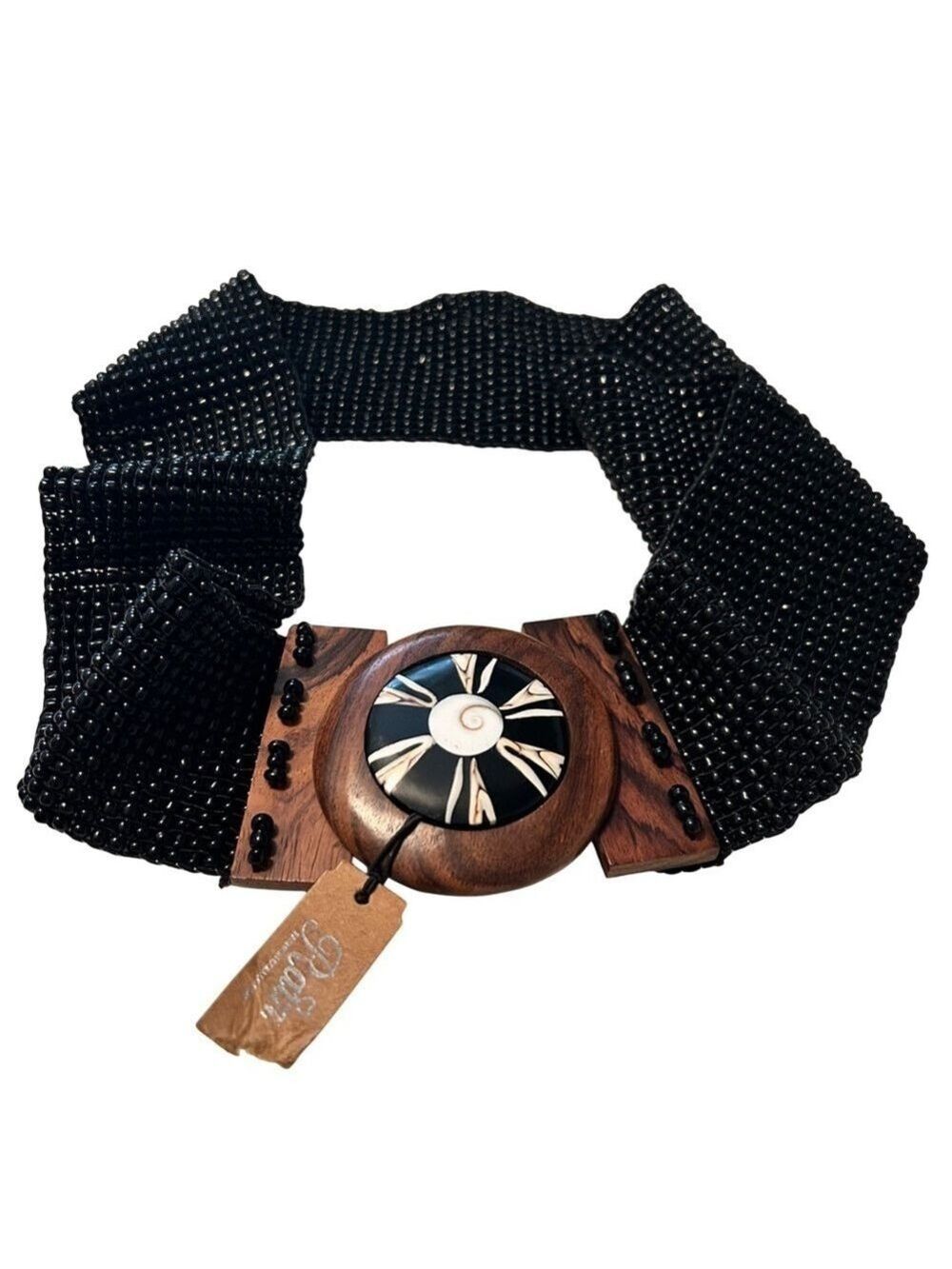 RAIN Beaded Stretch Belt with Wood & Ceramic Closure NWT
